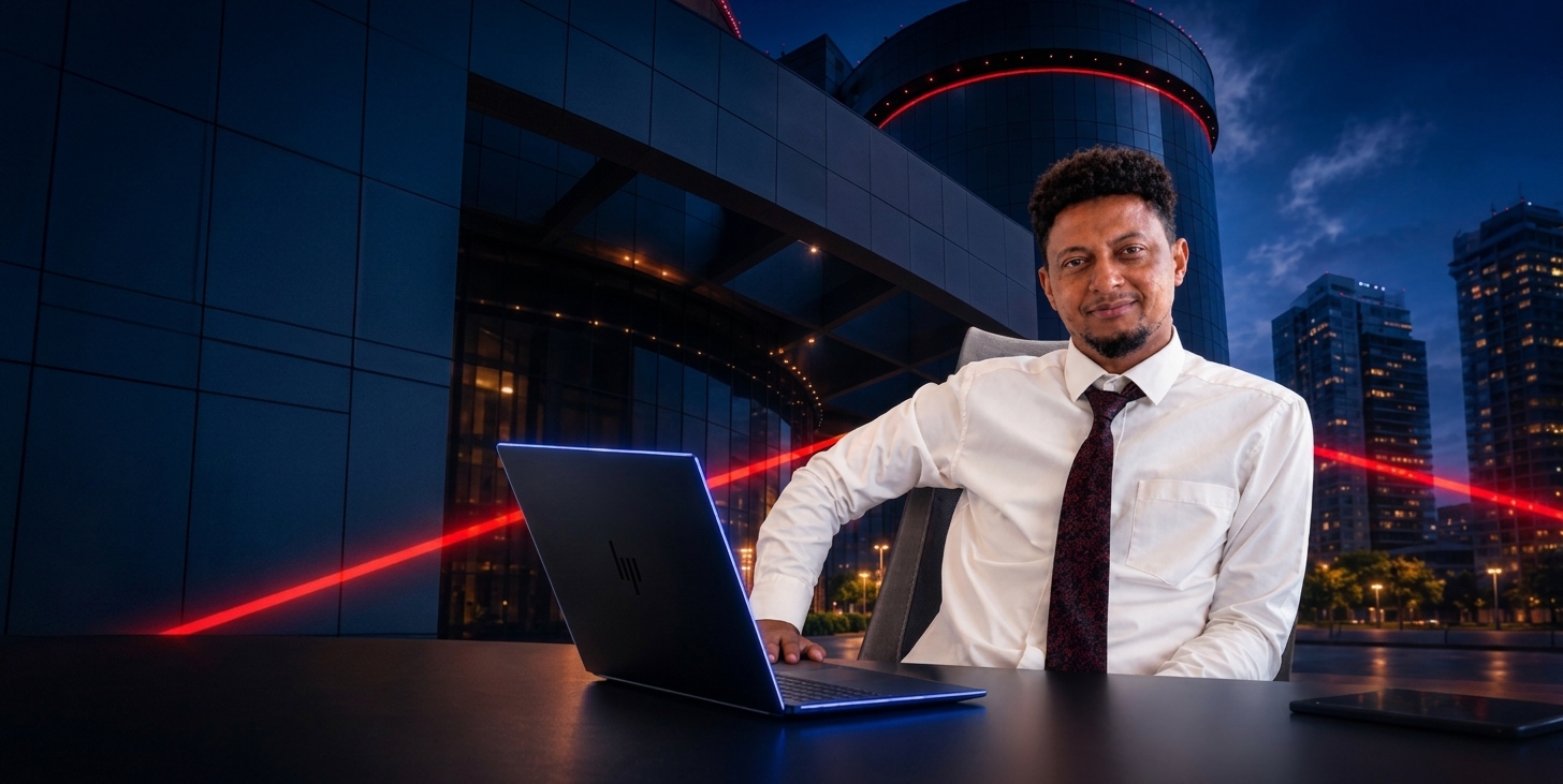 Michael Georgeo, Managing Director of YS-Vision, seated in front of a modern city building