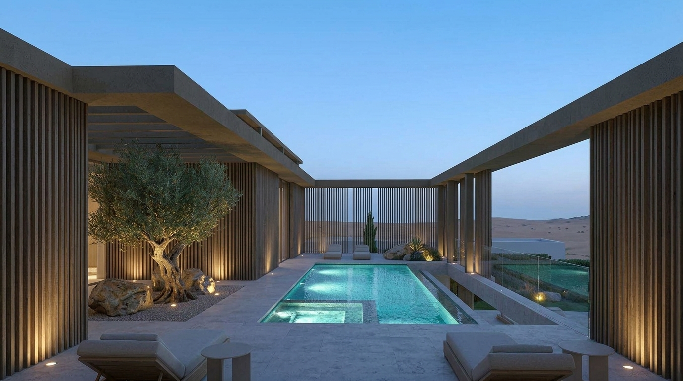 Twilight view of a luxury villa pool terrace with timber slat screens